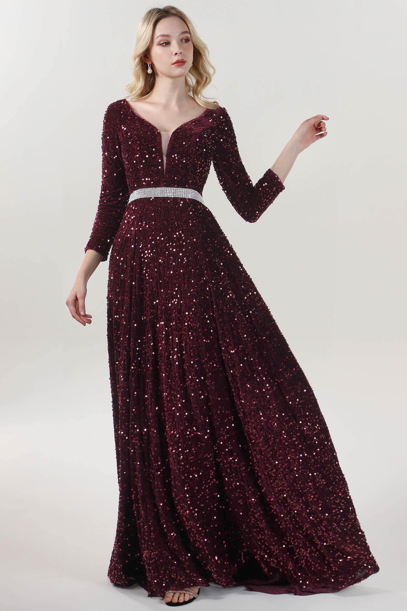 A-Line Sweep-Brush Train Velvet Sequin Bridesmaid Dress CS0636BM - COCOMELODY